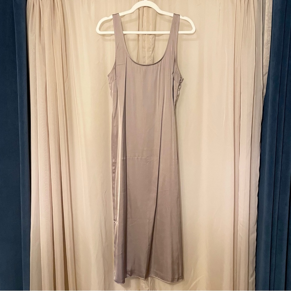 Abercrombie & Fitch Satin Slip Midi Dress with Slit in Taupe